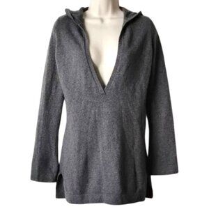 Cashmere Hoodie Deep V-Nexk Tunic Sweater XS Gray Heather